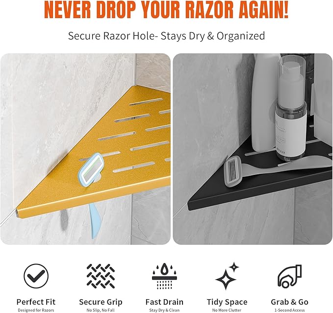 HBXS Shower Corner Shelf with Razor Hole,Modern Style Shower Caddy, Sturdy 304 Stainless Steel Shower Organizer,No Drilling Bathroom Corner Shelf for Tile Wall Gold 2 Pack-10