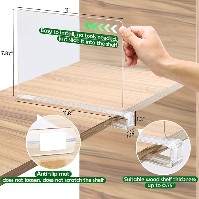 Consevisen Shelf Dividers for Closet Organization and Storage, 12 Pack Acrylic Clear Closet Shelf Dividers for Wood Shelves, Vertical Sweater Handbag Purse Organizer for Bedroom Kitchen Office