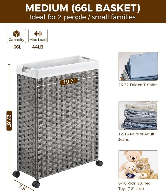 Greenstell Laundry Hamper with Wheels, 17.4 Gallon (66L) Slim Laundry Basket with 2 Removable Liner Bags & 2 Mesh Bags, Narrow Rattan Clothes Hamper for Bedroom, Laundry Room, Bathroom, Grey