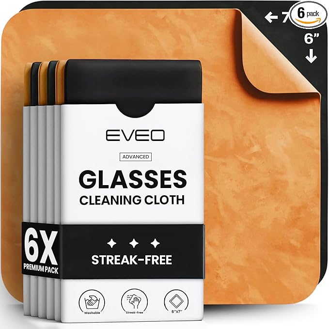 EVEO Glasses Cleaning Cloth - (6 Pack) Lens Cleaning Cloth Glasses Cleaner - Microfiber Cloth for Glasses Microfiber Cloth Eyeglass Cleaner, Screen Cleaner, Camera, Eyeglasses, VR/AR (Black & Orange)