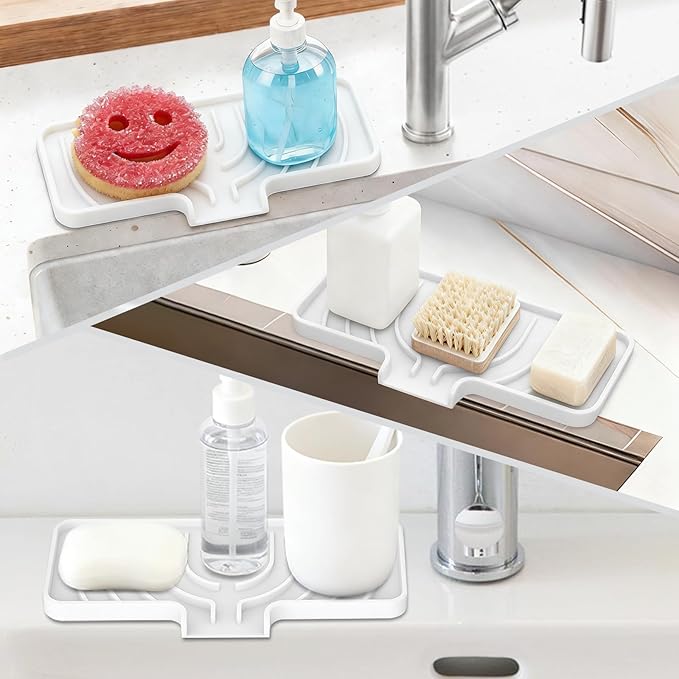 GUUKIN Sponge Holder for Kitchen Sink , 9.8"×4.9" Silicone Dish Drying Mat, Scrub Daddy Holder, Kitchen Sink Accessories, Suitable for Kitchens & Bathrooms (White)