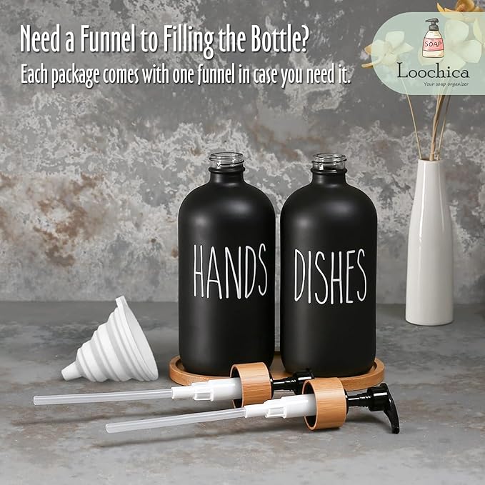 2 Pack Black Glass Soap Dispenser Set with Tray, Hand and Dish Glass Soap Dispensers for Kitchen Sink, Matte Black Soap Dispenser Suitable for Kitchen Sink, Rustic Kitchen Décor