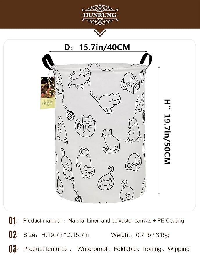 HUNRUNG Laundry Hamper,Large Canvas Fabric Lightweight Storage Basket Toy Organizer Dirty Clothes Collapsible Waterproof for College Dorms, Children Bedroom,Bathroom（Round cat）