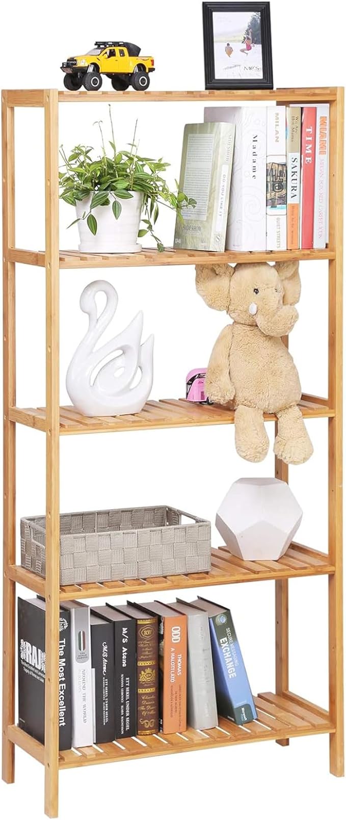 SONGMICS Bamboo Storage Shelf, 5-Tier Shelving Unit, Multifunctional, in The Entryway, Bathroom, Living Room, Balcony, Kitchen, 10.2 x 23.6 x 51.2 Inches, Light Bamboo UBCB35Y
