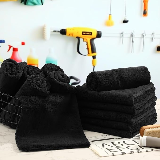Shimeyao 30 Pcs 16 x 16 Inch Edgeless Microfiber Plush Towels for Cars Detailing Drying Wash Polishing Absorbent Cleaning Cloths, 500 GSM(16 x 16 Inch, Black, 30 Pcs)