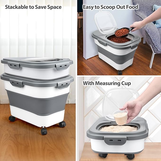 Dog Food Storage Container, 10-20Lbs Collapsible Pet Food Storage Containers with Rolling Wheel Airtight Locking Lid, Dry Food Storage Bin with Cup and Scoop,Suitable for Pet Food, Rice, Flour