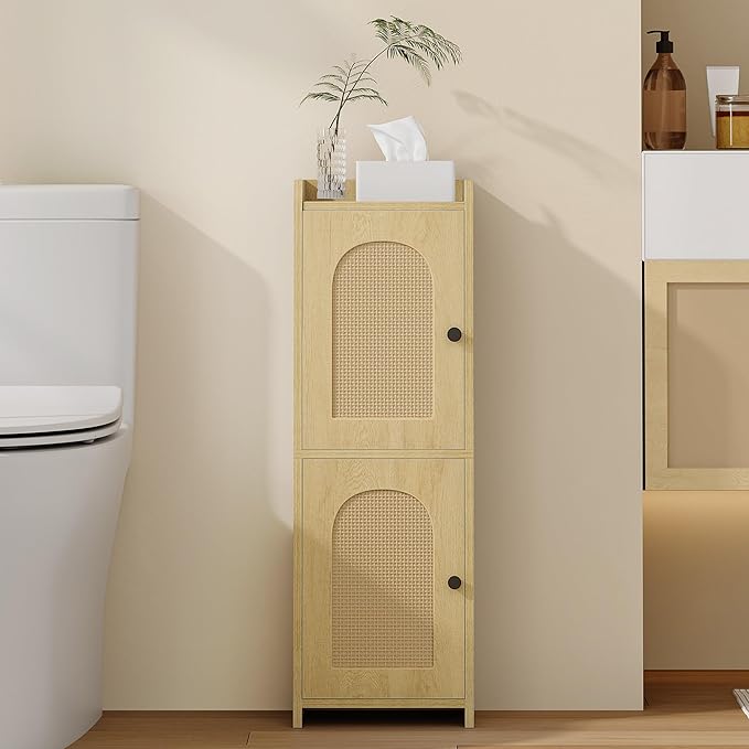 Bathroom Storage Cabinet, Small Corner Floor Cabinet with 2 Doors and Adjustable Shelf, Narrow Toilet Paper Cabinets, Bathroom Organizer for Small Spaces, 7.9" D x 9.8" W x 29.5"Rattan Yellow