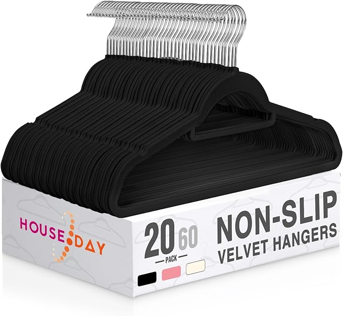 HOUSE DAY Velvet Hangers 20 Pack, Non-Slip Hangers with Tie Bar, Premium Standard Clothes Hanger Slim Felt Hanger 360° Swivel Hook for Closet Organized Storage，Elegance Black 72g/Pc