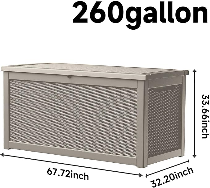 260 GallonOutdoor Storage Box,Resin Deck Boxes Waterproof, IndoorOutdoor Bin for Package Delivery, Patio Cushions, Gardening Tools, Lockable, UV Resistant