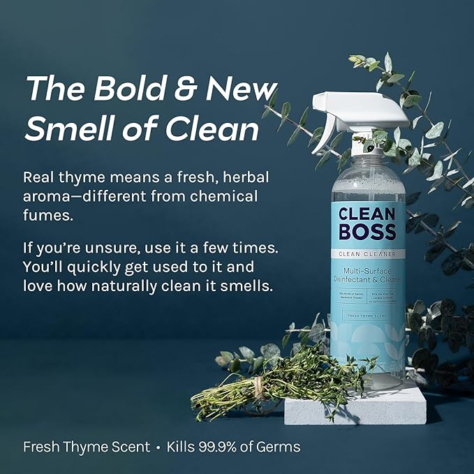 CleanBoss Botanical Disinfectant - 24 oz (Pack of 2) - Multi-Surface Cleaner - Kills 99.9% of Germs + Cold & Flu Viruses - Fresh Thyme Scent - No Rinse on Food Contact Surfaces - Pet Friendly