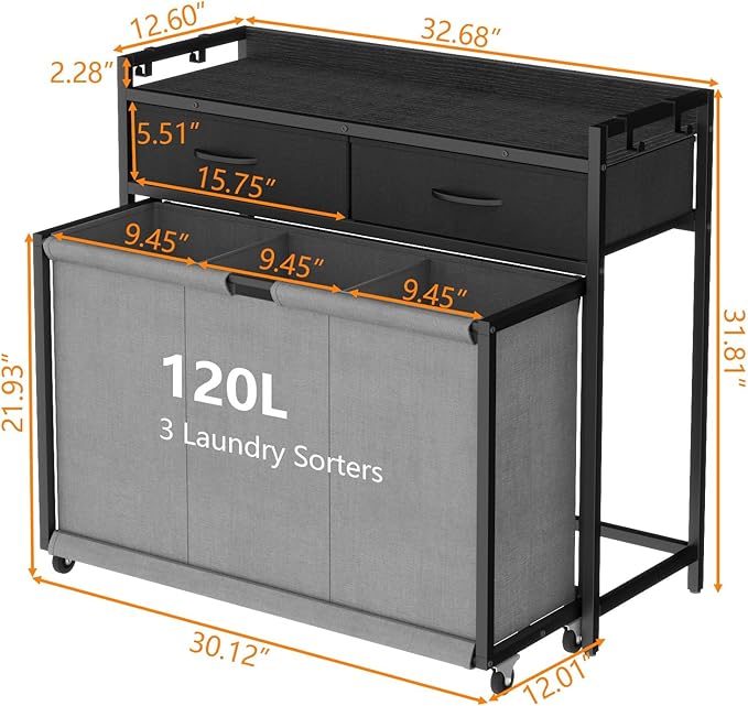 Laundry Hamper Laundry Basket with 3 Section Pull-Out Rolling Bags, Laundry Sorter for Organization and Storage with 2 Pull-Out Drawers for Laundry Room, Bathroom, Bedroom Use (Black)
