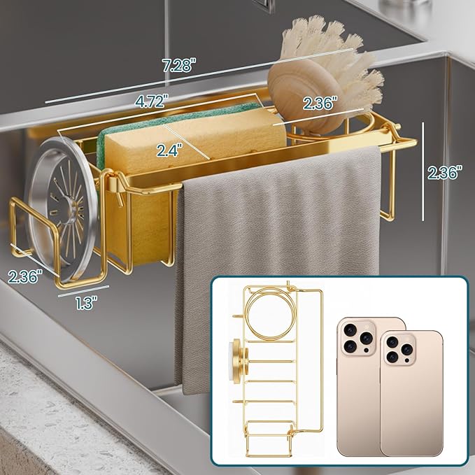 TAILI Sponge Holder with Strong Suction Cup, 4-in-1 Rustproof Sink Organizer - Sink Caddy Holds Sponges, Brushes, Stoppers & Scrapers -Gold