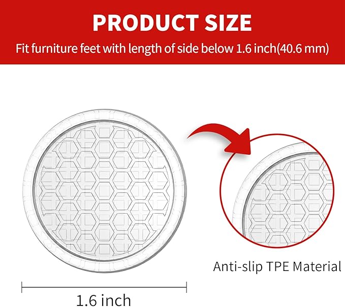 Ezprotekt Non Slip Furniture Pads, 16 Pcs 1.6" Anti Skid Rubber Caster Cups, Round Furniture Coasters for Hardwoods Floors, Anti-Slip Furniture Grippers, Furniture Stoppers to Prevent Sliding (Clear)
