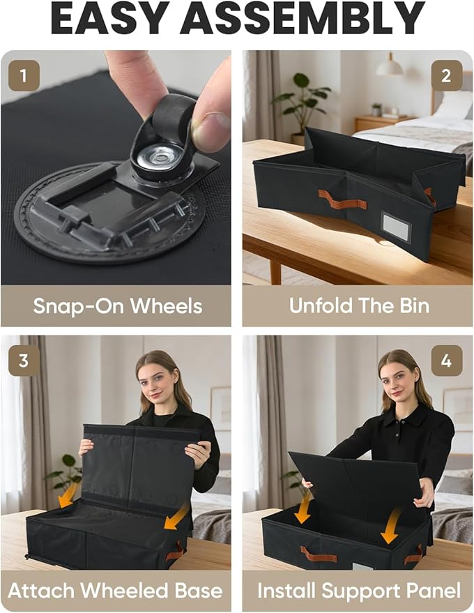 TOSKING 2-Pack Under Bed Storage with Wheels and 4 Vacuum Seal Bags,7.9 Inch 47L Clear Lid Organizer, Space Saving for Bedding Blankets Clothes ShoesToys, Quick Assembly, Black