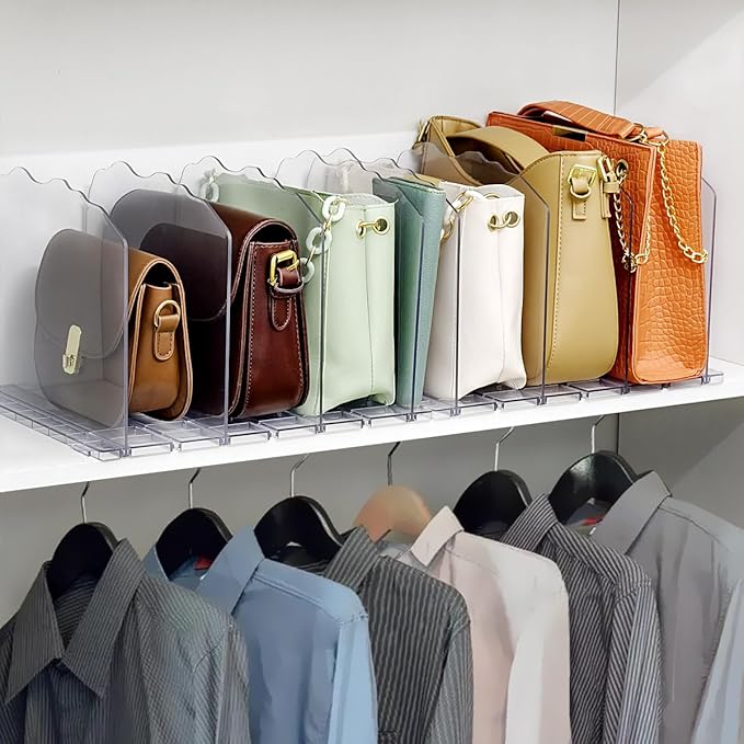 Purse Organizer for Closet Shelf 8 Divider, Adjustable Divider Closet Organizer, Shelf Dividers Storage Organizer for Purse and Handbag Closet Shelves (Clear)