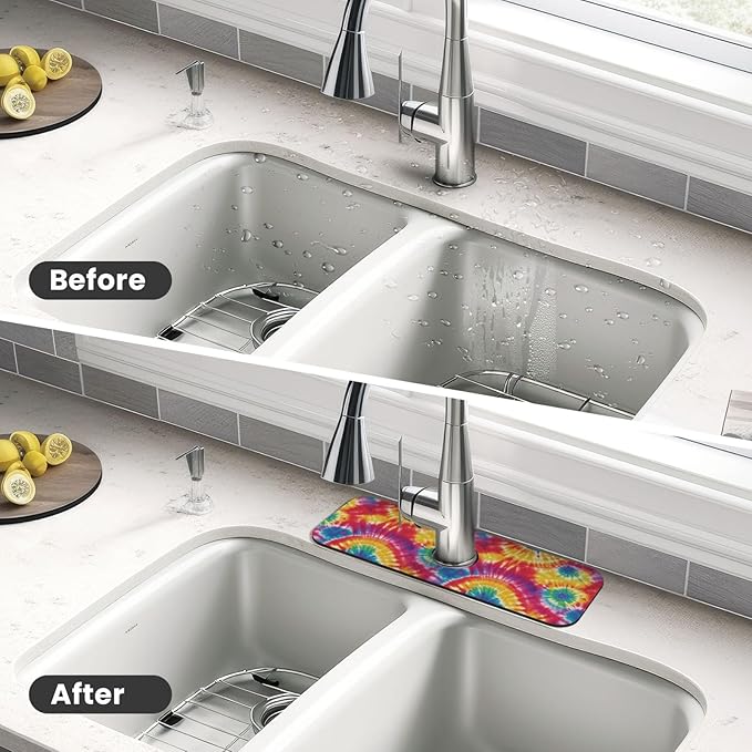 Abstract Colorful Tie Dye Kitchen Sink Splash Guard Faucet Mat Super Absorbent Fast Drying Mat Sink Gadgets-Fast Drying Pad Sink Mat For Kitchen Bathroom (15" X 5.5" )