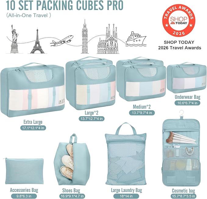 Veken 10 Set Packing Cubes for Travel Essential, Suitcase Organizer Bags in 4 Sizes, Carry-On Luggage Accessories with Large Laundry & Hanging Toiletry Bag, Must-Have for Airplane, Road Trip & Camping