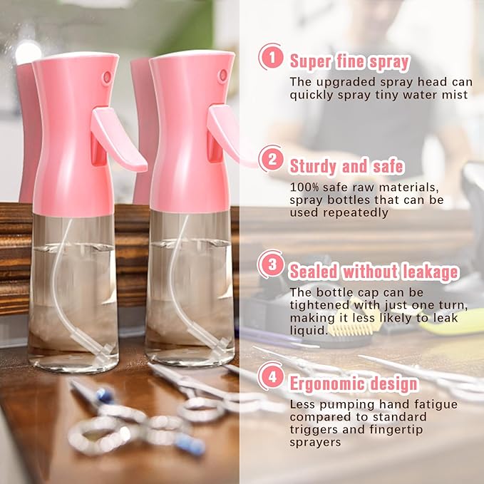 Spray Bottle,Fine Mist Spray for Hair,Ultra-Fine Continuous Spray Bottle for Skincare,Plant Care,Pet Grooming,Cleaning, Refillable Spray Container,Christmas Gift (2Pcs Light Pink)