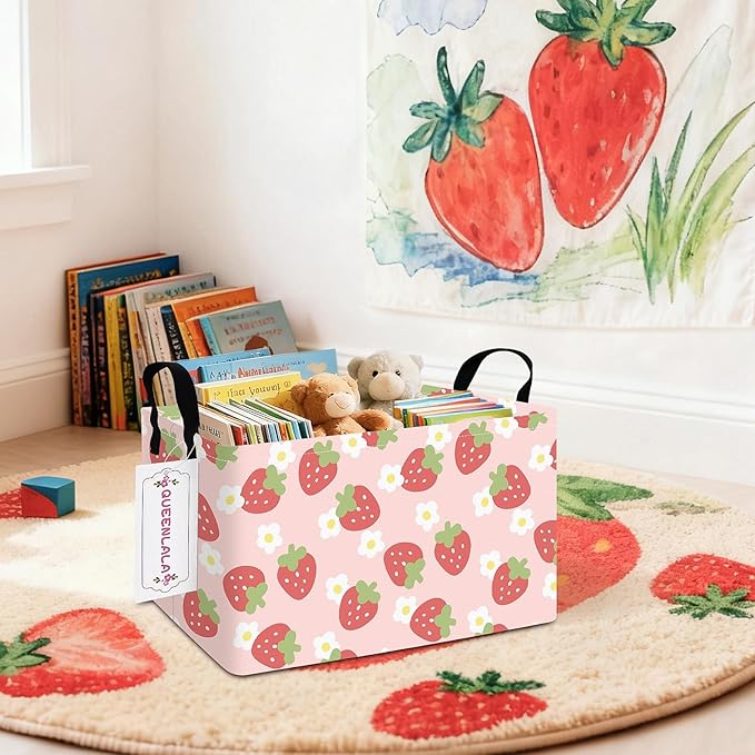 QUEENLALA Rectangular Laundry Hamper/Foldable Nursery Laundry Basket for Organizing/Storage Bin Baskets/Children Toy Office Bedroom/Toy Bin Closet Shelf Baskets（Rec-Pink Strawberry）