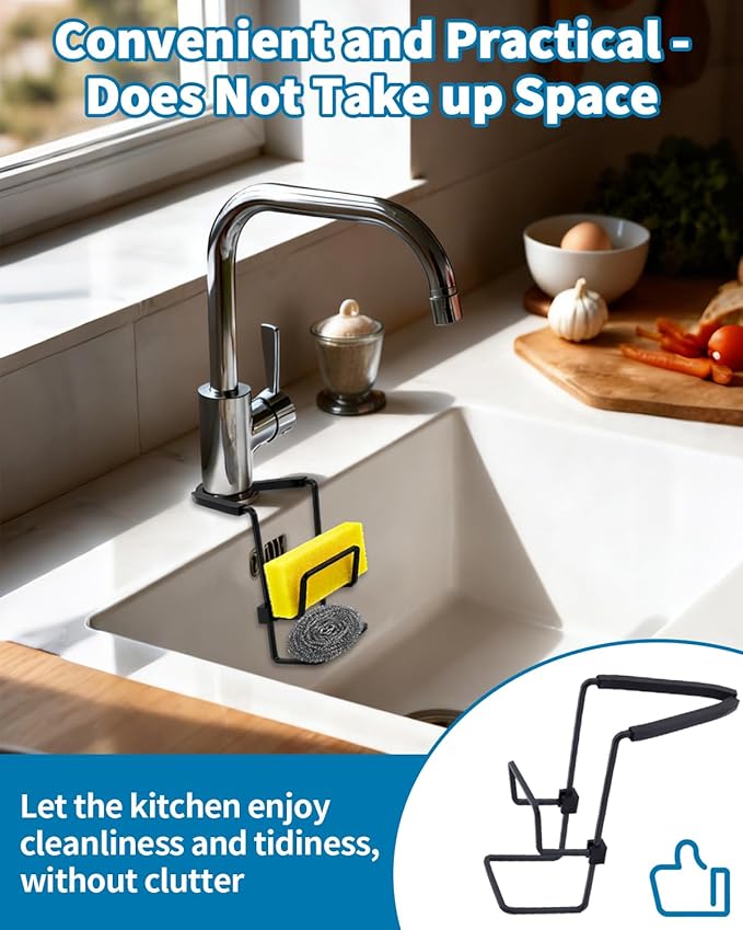 Sink Sponge Holder - Metal Kitchen Sink Faucet Organizer for Sponges, Brushes and Cleaning Tools, Faucet Sponge Holder Hanging Fix Around Faucet (Black)
