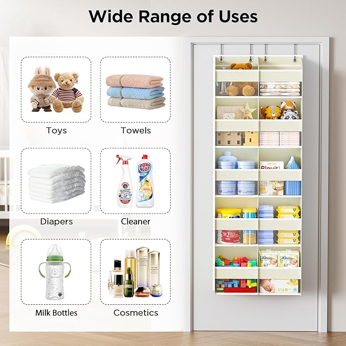 PureSpace 5-Tier Over The Door Organizer with 10 Side Mesh Pockets & Clear Windows, 80 lbs Weight Capacity Hanging Storage for Bathroom, Bedroom, Nursery, Kitchen, Organize Shoes, Diapers(Beige)