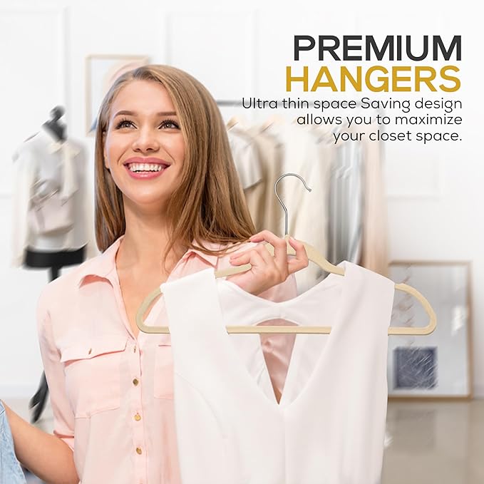 Techzoo 50 Pack New Premium Quality Velvet Hangers Ultra Thin Non Slip Adult Felt Space Saving Hangers for Closet Heavy Duty Coat Pants Jackets Dress Hangers 360° Swivel Hook Hold Upto 10 lbs Ivory