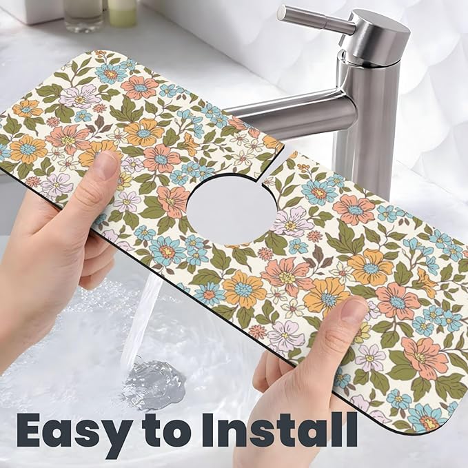 Faucet Draining Mat For Kitchen Sink, Colorful Flowers Floral Diatom Mud Absorbent Drain Pad For Bathroom Kitchen Sink Splash Guard Drying Mat