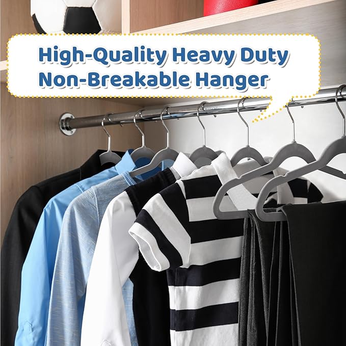 Smartor Premium 14 Inch Kids Hangers 50 Pack, Grey Baby Velvet Hanger, Non Slip, Space Saving Felt Hangers Clothes Organizers for Closet with 360° Swivel Hook for Children, Toddler & Teens
