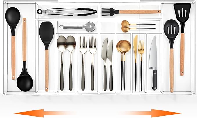 Kathfly Large Clear Expandable Silverware Drawer Organizer, Acrylic Adjustable 21.4 to 36 Inches Wide Utensil Tray for Kitchen Flatware and Cutlery Holder for Spoons Forks Knives, 13 Compartments