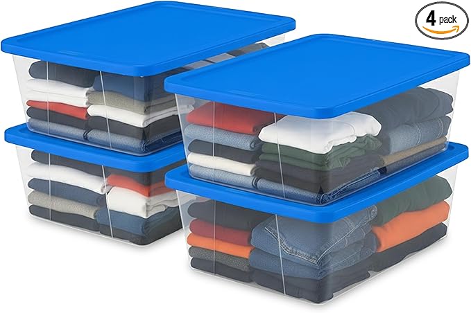 HOMZ 4-Pack Snaplock, Small Clear Plastic Storage Organizer Bins w/Lids, 12 Quart, Blue - Stackable Container Boxes for Bedroom, Bathroom, Garage, and Office Organization