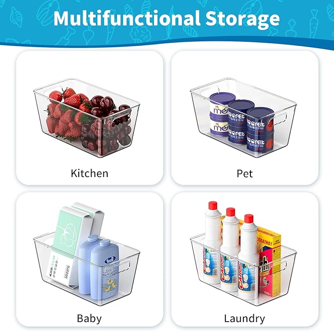 KJIXYUNG 6 Pack Clear Pantry Organizer Bins, Fridge Organiser Set, Plastic Containers with Handle,Home Organization Must Haves for Kitchen,Freezer,Cabinet,Closet,Bathroom Under Sink Storage