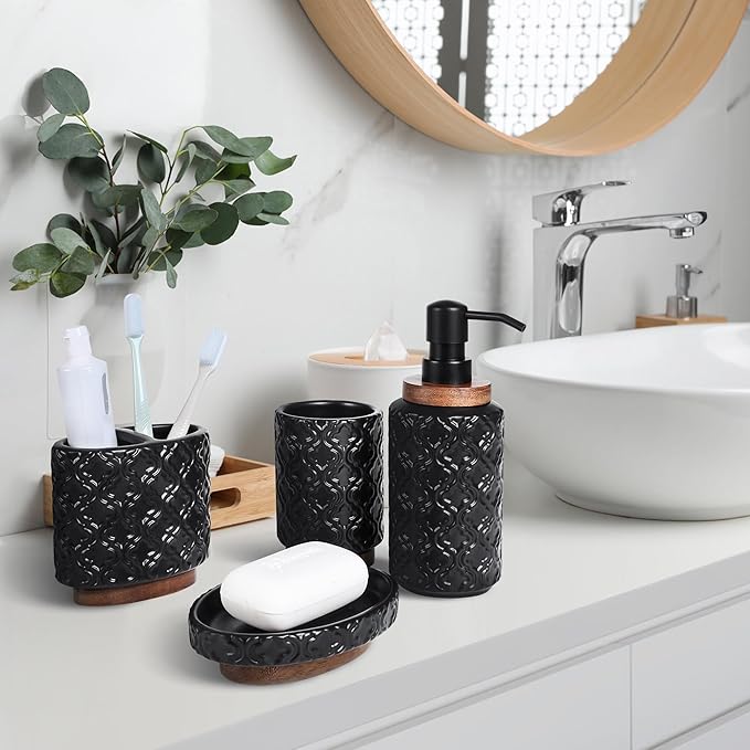 Bathroom Accessories Set 4 Pcs Toothbrush Holder Soap Dispenser Ceramic and Wood Bathroom Decor Set with Toothbrush Cup Soap Dish Tumbler Black