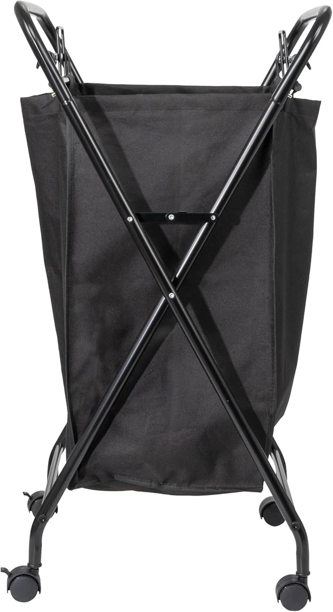Household Essentials Rolling Laundry Hamper, Heavy Duty Canvas Bag, 2 Load Capacity, Foldable Frame, Black Bag with Velcro Fasteners, Black