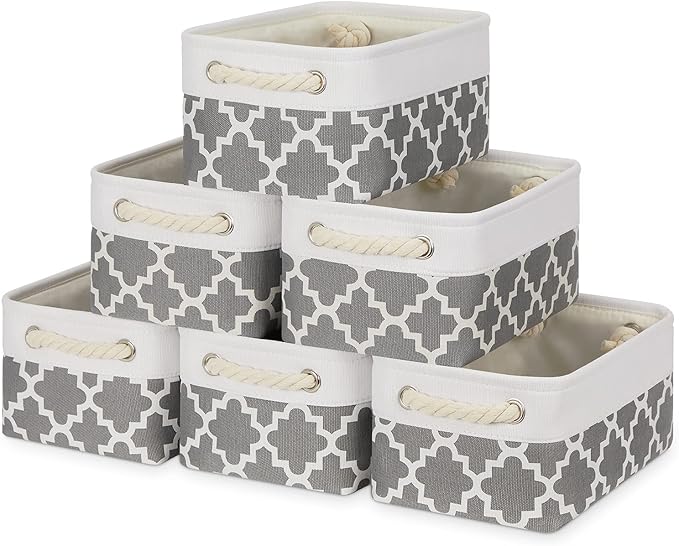 Bidtakay Small Storage Basket Cute Storage Bins Collapsible Fabric Basket Set of 6 Canvas Organizer Bin Empty Gift Baskets Baby Nursery Toys 11.8 X 7.8 X 5 Inches(White&Quatrefoil Grey)