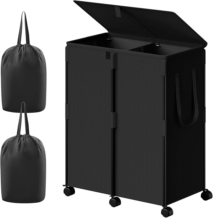 Chrislley 160L Large Double Laundry Hamper with Lid and 6 Wheels, Rolling Laundry Basket with 2 Removable Bags, Heavy Duty Metal Frame Laundry Cart, Dirty Clothes Hamper for Bathroom, Bedroom (Black)