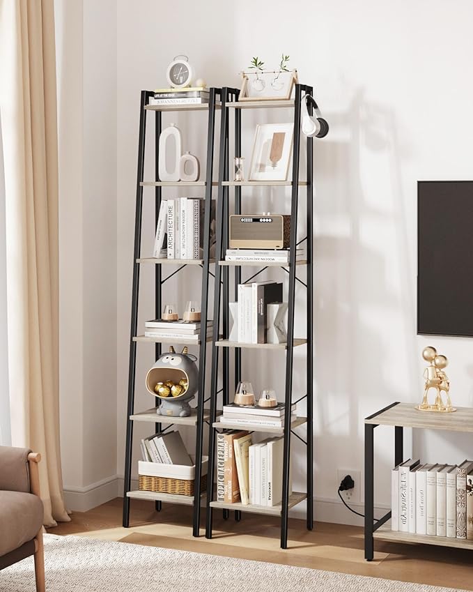 Ladder Shelf, Bookshelf Bookcase, Freestanding Corner Storage Shelve with 2 Hooks for Home Office, Living Room, Kitchen, Bedroom, Industrial, 11.8" D x 13.4" W x 72.8" H, Greige BC13305B