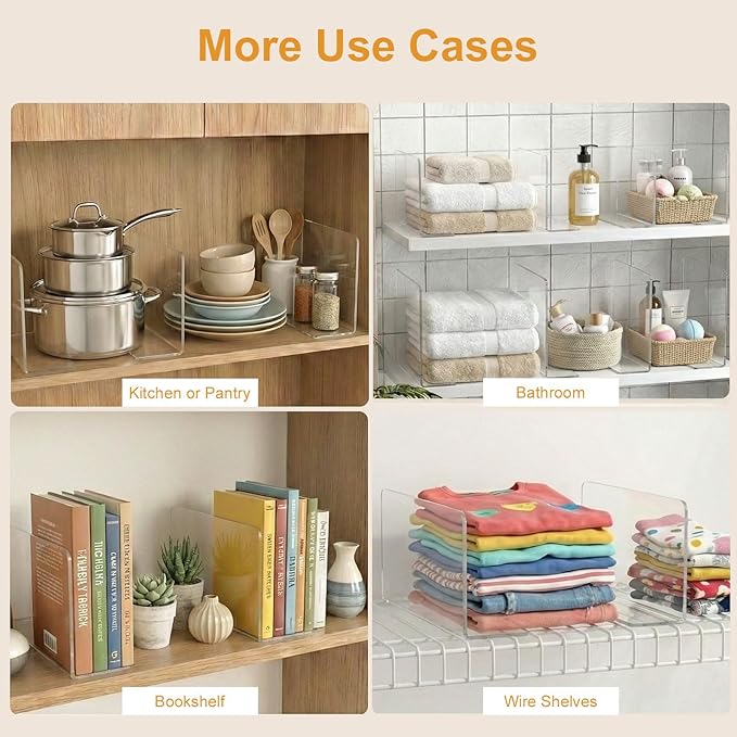 Shelf Dividers for Closet Organization: 6" Tall x 10" Deep, Deeper Adhesive Separators Features Acrylic Material and Provides Storage for Babywear and Purses in Bedroom Cabinets(8-Pack)