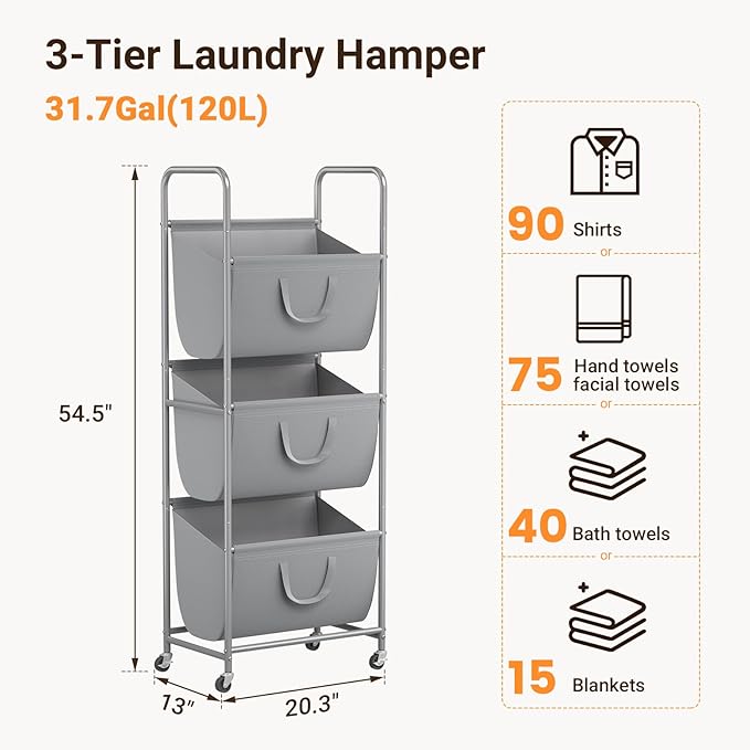 ELYKEN 120L Vertical Rolling Laundry Hamper with Removable Bags, 3 Section Laundry Baskets with Wheels, Space-Saving 3 Tier Laundry Sorter for Small Spaces, Dorm, Bedroom, Bathroom, Laundry Room