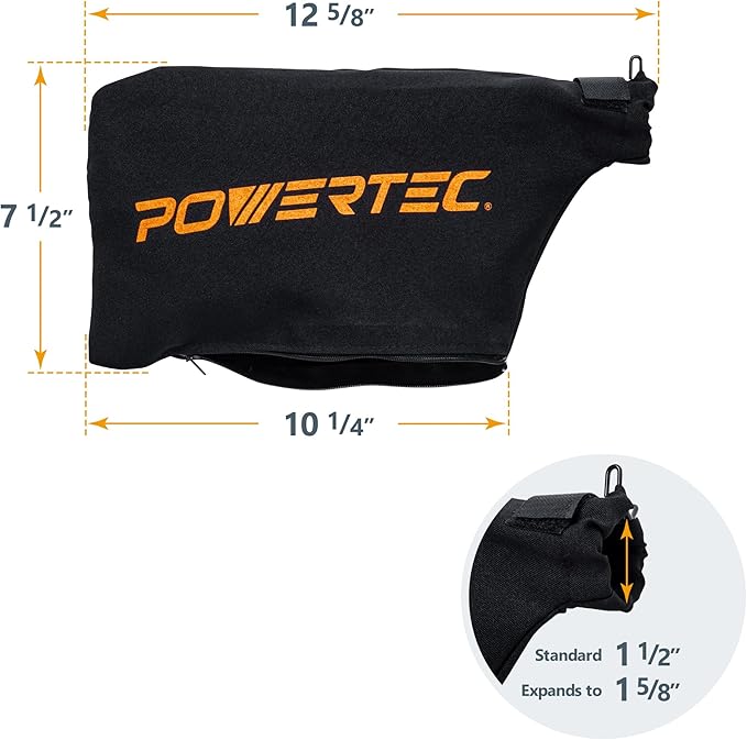POWERTEC Miter Saw Dust Collector Bag for 7-1/4", 8-1/2" Miter Saw, Fits Nominal 1-1/2" Dust Ports, Hook and Loop Dust Bag w/Zipper, Wired Adjustable Stand Miter Saw Accessories (75081)