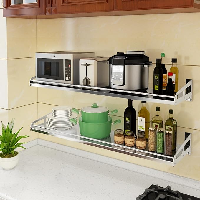 Floating Shelf 304 Stainless Steel Metal Heavy Duty Household Spice Rack Microwave Mounted Storage Rack for Kitchen Bedroom Bathroom (Length80CM*Wide25CM)
