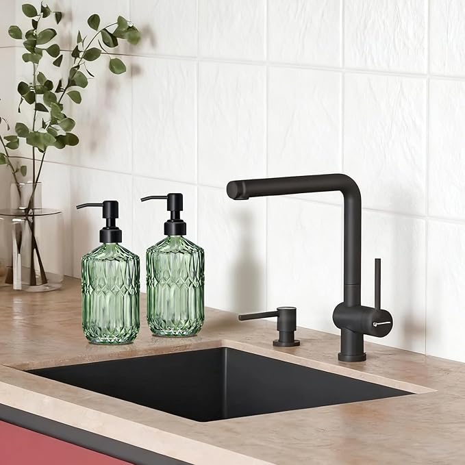 17 Oz Green Glass Kitchen Soap Dispenser for Dish Soap, 2 Pack Bathroom Soap Dispenser Set with Black Rust Proof Pump for Lotion, Hand soap or Body Wash