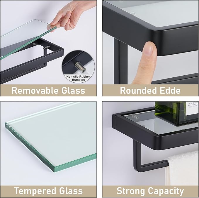 SFGSOWOR Floating Glass Shelves for Bathroom 20-in with Towel Bar/Tempered Glass Rectangular 1 Tier Organizer Shelf (Matte Black, 20'')