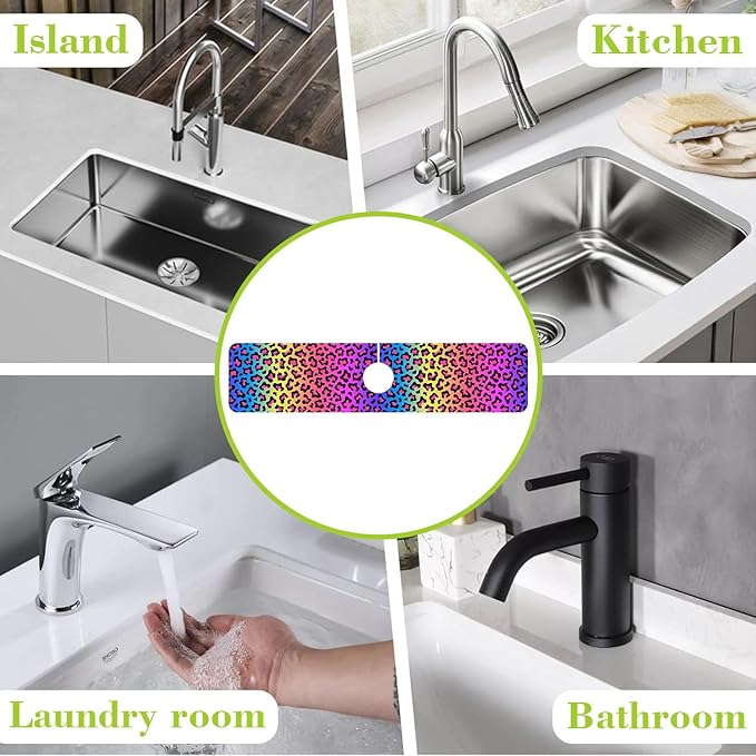 Sink Faucet Absorbing Mat Rainbow Colored Leopard Print Sink Splash Guard Drying Mat for Kitchen Bathroom Faucet Sinkmat 23.5"X5.5"