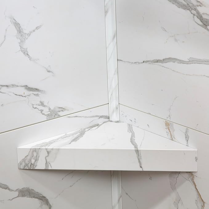 Palisade Vinyl Waterproof Corner Shower Shelf in Carrara Marble/Urban Glacier