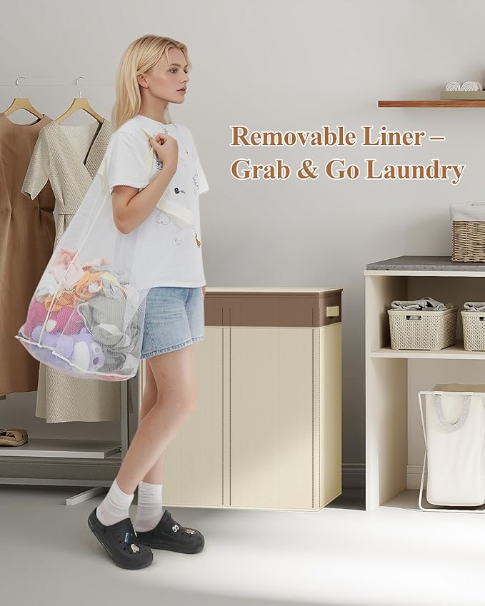 YECAYE 145L Double Laundry Hamper with Lid for Home, Dual Compartments hamper with Removable Bags, 2 Section Foldable Cloths Basket with lid, Double Cloths Basket with Color-Block Design