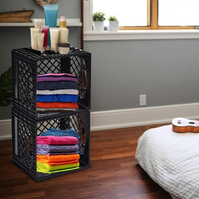 Juggernaut Storage 2-Pack Stackable Heavy Duty Milk Crates with Handles, 16 Qt, Black - Organizing Plastic Crate Basket for Grocery Shopping, Home Supplies, and Bathroom Accessories