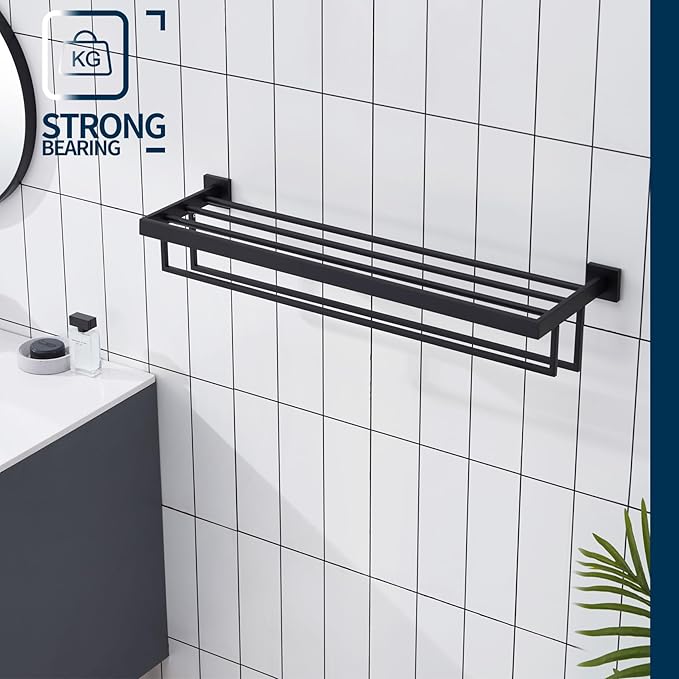 KOKOSIRI Black Towel Rack 32'' Bathroom Towel Shelf with Double Towel Bars SUS304 Matte Black Stainless Steel Wall Mounted, B6003BK-L32