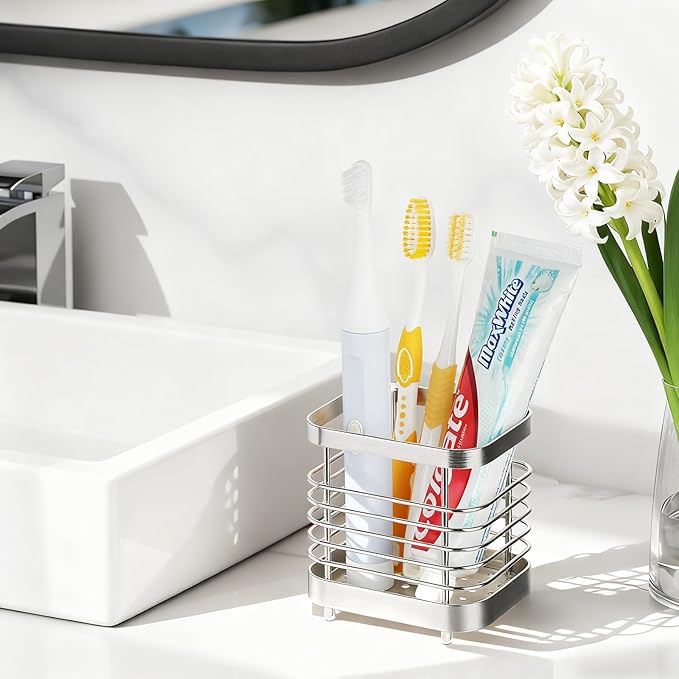 MYITYARD Toothbrush Holder for Bathroom, Stainless Steel Ventilated Electric Toothbrush & Toothpaste Holder, Modern Metal Bathroom Toothbrush Organizer, Bathroom Accessories, Silver