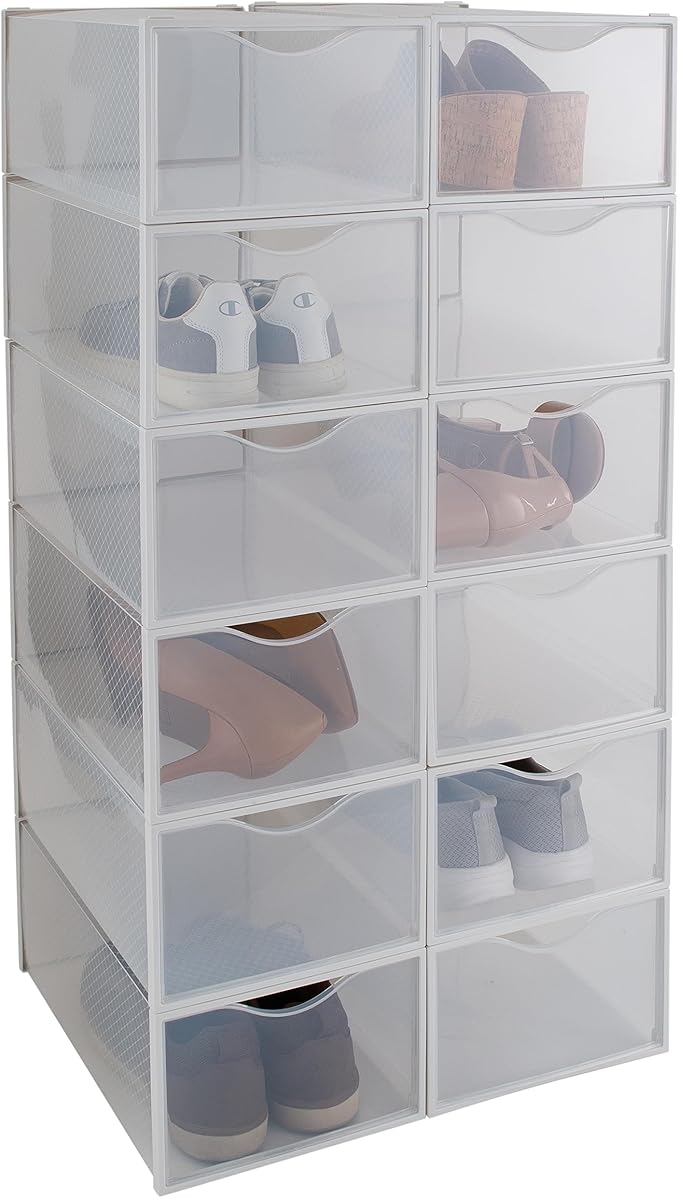 Simplify Set of 12 Stackable Shoe Boxes | Customizable | Fits Size 11 Shoes | Drop Front Design | Closet Storage | Sneakers | Heels | Clear and White
