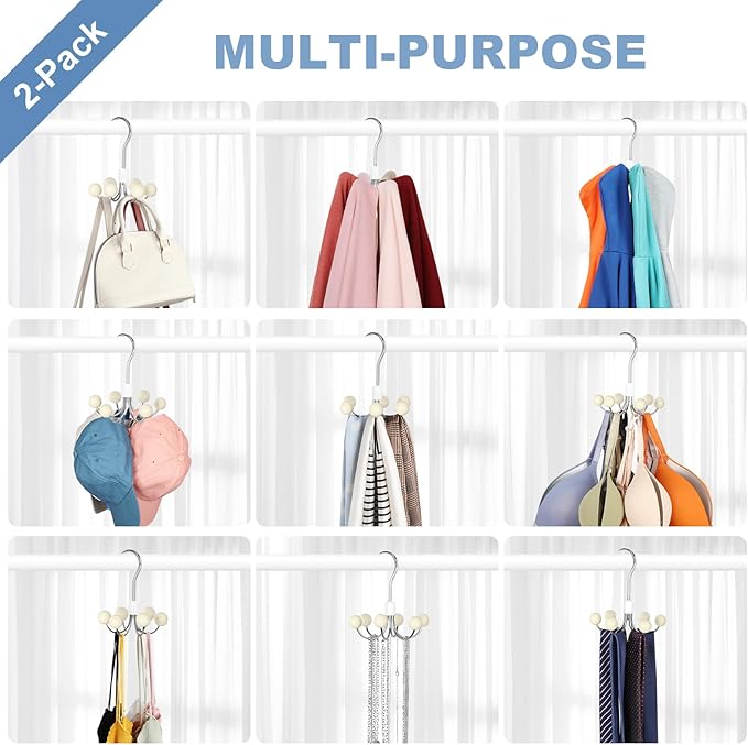 TOPIA HANGER Hoodie Hangers 2-Pack with 6 Wood Balls, 360°Swivel Purse Hanger, Scarf Hanger, Closet Hooks, Handbag Organizer, Bra Hanger, Accessory Organizers for Scarf, Tanktop, Hat, Hoodie CT43W